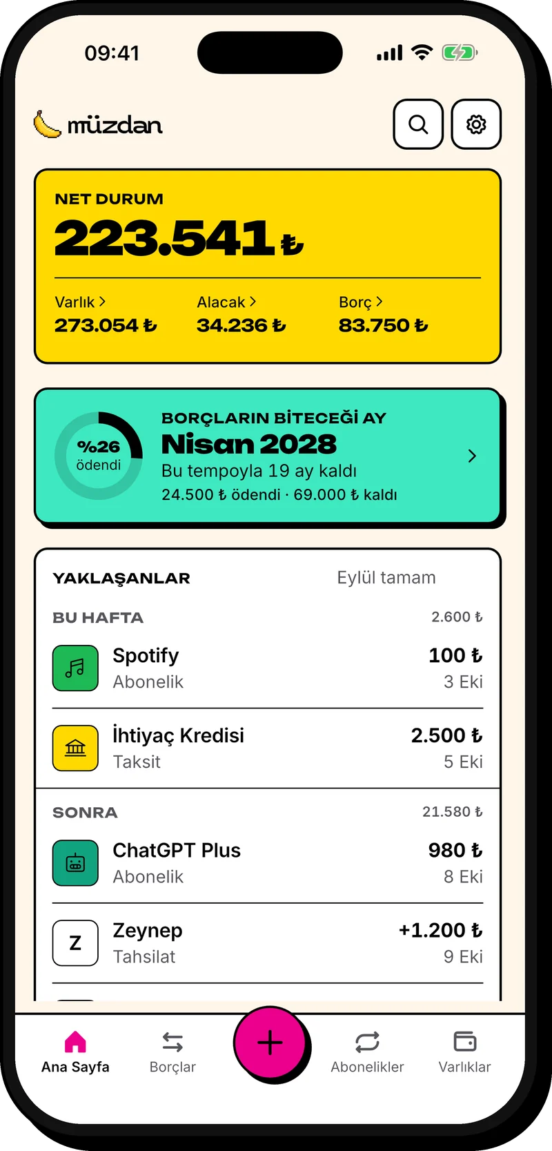 Müzdan Ana Sayfa: net durum, borçların biteceği ay tahmini ve yaklaşan ödemeler