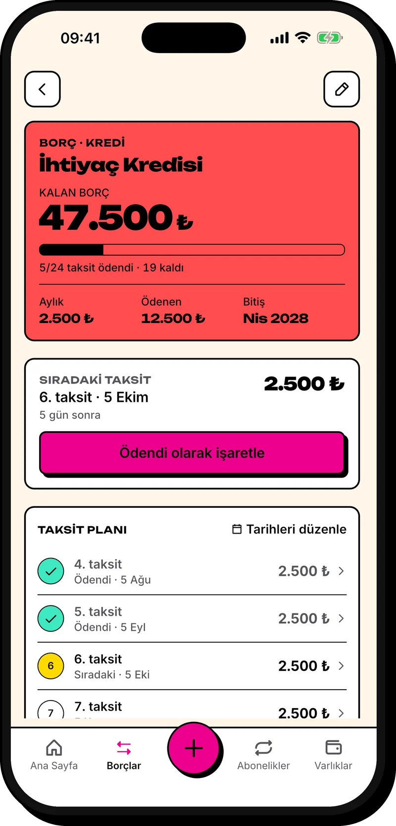 Kredi detayı: kalan borç, sıradaki taksit ve taksit planı