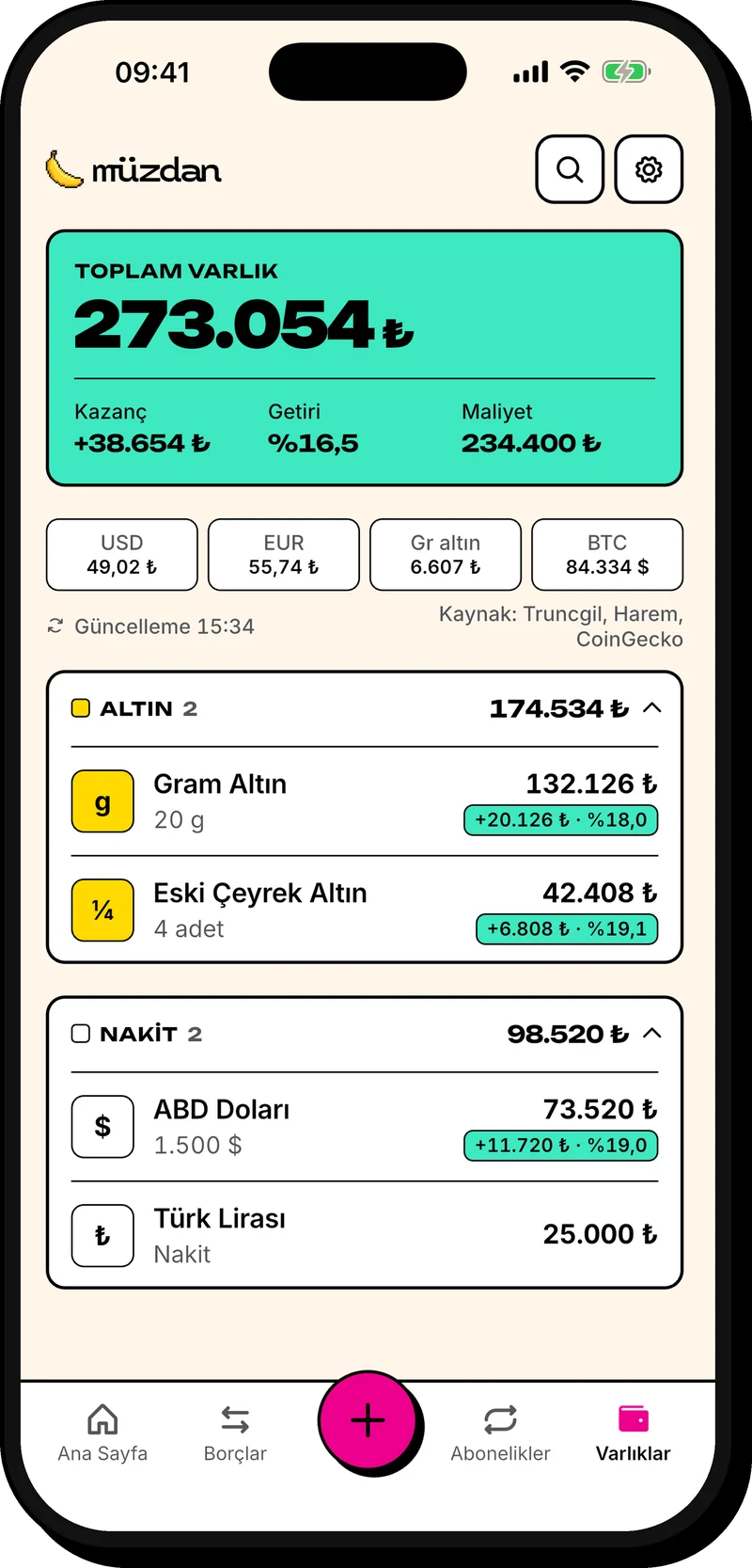 Varlıklar ekranı: toplam varlık, kazanç ve altın, döviz listesi